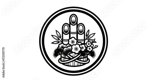 Elegant black and white circular illustration depicting a traditional Japanese Kadomatsu New Year decoration, symbolizing longevity, prosperity, and good fortune