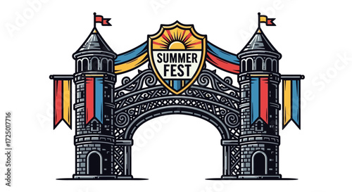 Vibrant 'Summer Fest' archway gate illustration with castle towers, colorful banners, and a radiant sunburst shield, perfect for event branding and festival promotions