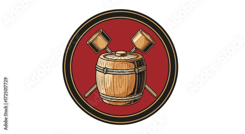 Vintage-style emblem showcasing a wooden barrel and crossed mallets, representing craftsmanship, traditional brewing, or quality artisanal production with a rustic aesthetic