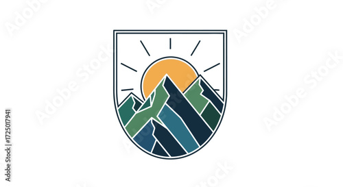 Stylized Mountain Landscape Emblem with a Vibrant Sunrise for Outdoor Exploration and Nature-Inspired Designs