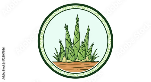 Vibrant green bamboo shoots flourishing from the fertile earth, depicted within a stylized circular emblem, symbolizing organic growth, renewal, and natural resilience