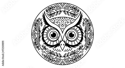 Enigmatic Owl Illustration in Detailed Folk Art Style, Circular Design with Intricate Patterns and Botanical Motifs, Symbolizing Wisdom and Artistic Craftsmanship
