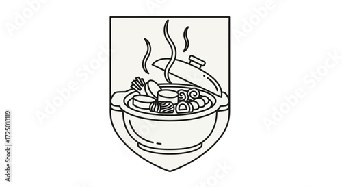 Simple line art illustration of a steaming hot pot or stewpot filled with wholesome ingredients, encased within a decorative shield emblem, representing comfort food and home cooking