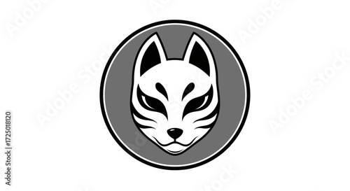 Striking graphic illustration of a stylized Japanese fox mask in black and white, depicting ancient cultural folklore and enigmatic protective symbolism with a minimalist design
