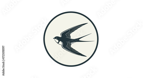 Vector illustration of a graceful flying swallow within a circular frame, ideal for minimalist logos, elegant branding, and versatile graphic design elements