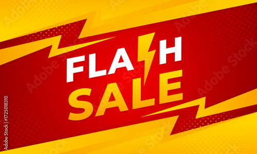 Flash sale banner template design, red and yellow abstract background with lightning bolt and halftone dots, suitable for product promotions, shopping, marketing ads, events, and websites