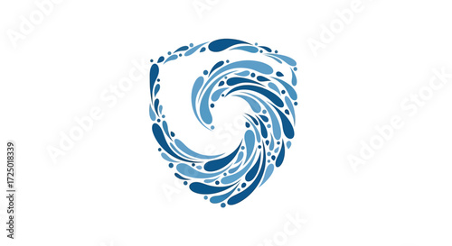 Dynamic shield design composed of swirling blue water droplets, symbolizing protection and fluid motion, perfect for clean energy or aquatic branding