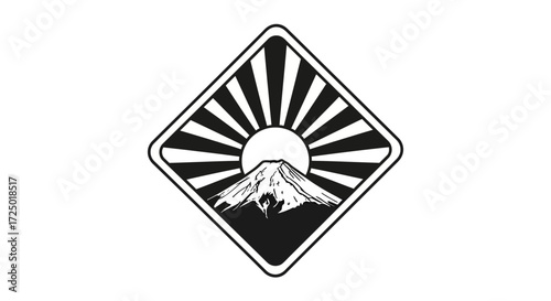Stylized graphic emblem featuring an iconic majestic mountain peak at sunrise, with radiating sun rays, all framed within a modern diamond shape, capturing a sense of ascent and new beginnings