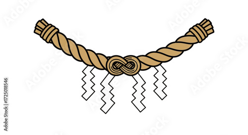Symbolic Japanese Shimenawa Rope Adorned with Traditional White Shide Paper Streamers, a Representation of Purity, Protection, and Sacred Spaces in East Asian Heritage