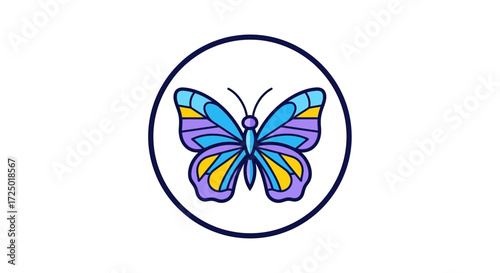 Vibrant and elegant butterfly illustration with striking purple, blue, and yellow wings enclosed within a crisp circular outline, ideal for adding a touch of nature