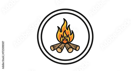 Stylized vector graphic icon of a classic campfire with bright, dancing flames and stacked wooden logs, ideal for outdoor adventure, camping, and warming nature-themed designs