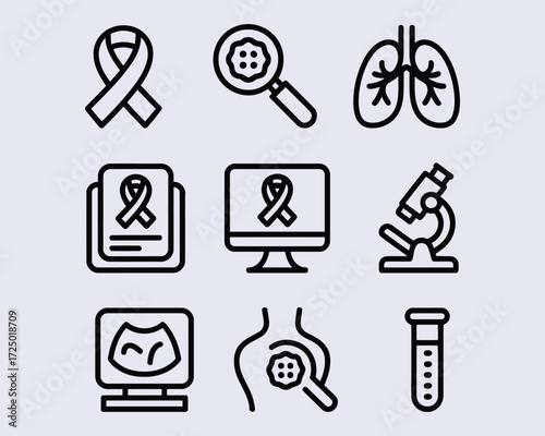 Collection of Cancer Awareness and Medical Research Icons Cancer Ribbon Screening Tools Lungs Ultrasound Research and Diagnosis Concepts