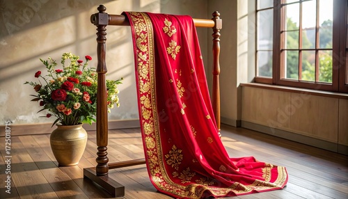 A vibrant sari with intricate golden embroidery of floral motifs on rich crimson silk, draped elegantly over a wooden stand, softly lit in a serene room, captured realistically like an HD camera shot.