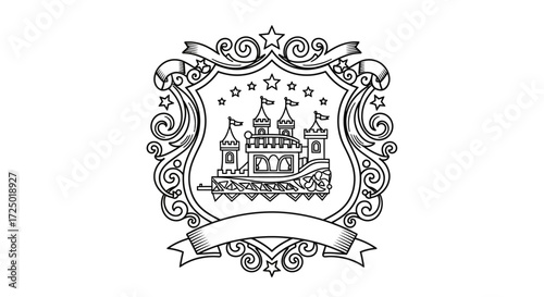 Enchanting black and white fantasy castle crest illustration, featuring an ornate fairy tale kingdom surrounded by whimsical stars and elegant scrollwork, ideal for heraldic designs