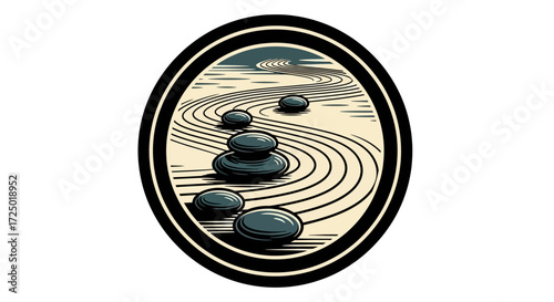 Emblematic Zen garden design featuring meticulously stacked stones and artfully raked sand, symbolizing profound balance, tranquility, and mindful meditation in a serene oval motif
