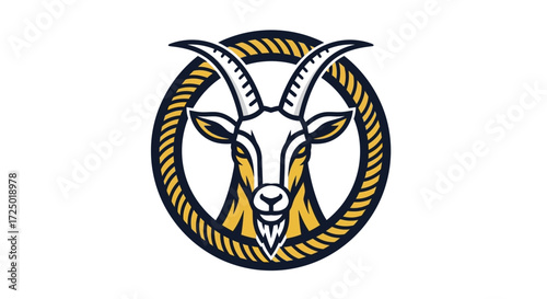 Dynamic goat head emblem design, featuring bold horns encircled by a rustic rope frame, symbolizing strength, leadership, and natural power in a modern graphic style