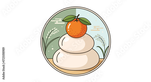Traditional Japanese New Year illustration with stacked mochi rice cakes and a citrus fruit, embodying cultural celebration, prosperity, and seasonal good fortune