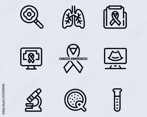 A Collection of Cancer Awareness Icons Representing Research, Diagnosis, and Support with Medical Instruments and Symbolic Ribbons for Promoting Cancer Research