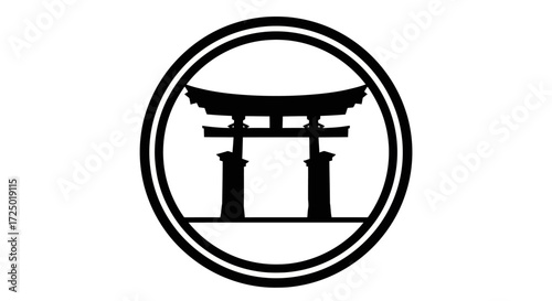 Stylized black and white illustration of a traditional Japanese torii gate emblem, representing cultural heritage and spiritual entry in a minimalist circular design