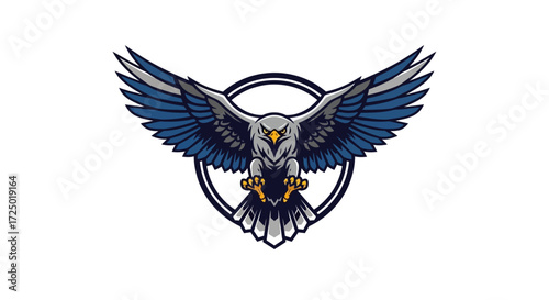 Majestic flying eagle graphic illustration, designed as a powerful emblem or dynamic mascot for sports teams, symbolizing strength, freedom, and swift action