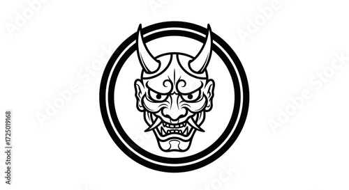Intense black and white illustration of a traditional Japanese demon mask with prominent horns, capturing the essence of strength and ancient folklore within a bold circular emblem