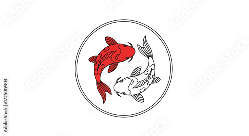 Elegant circular illustration depicting two stylized koi fish, one vibrant red and the other monochrome, gracefully intertwining to symbolize harmony, balance, and prosperity