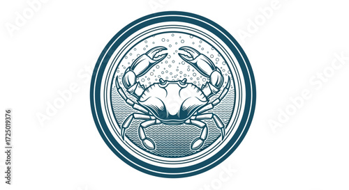 Sophisticated vector illustration of a majestic crab encased in a distinctive circular badge, an artistic emblem reflecting marine life, gourmet seafood