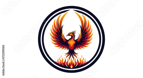 Vibrant mythical phoenix rising from flames. This striking legendary firebird graphic within a circular emblem symbolizes powerful rebirth, strength, resilience, and renewal