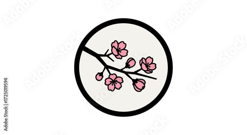 Elegant minimalist cherry blossom branch illustration within a circular frame, symbolizing spring, nature, and delicate beauty in a simple, refined Japanese-inspired design
