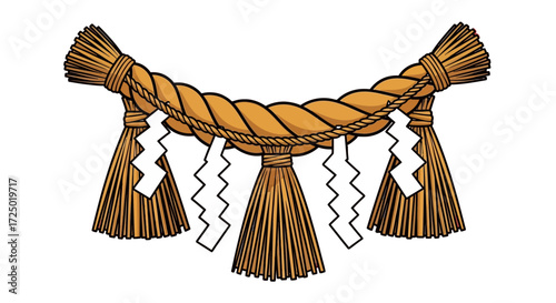 Traditional Japanese Shimenawa illustration. Sacred twisted straw rope with white paper streamers (shide), symbolizing spiritual purification, divine presence, and protection in ceremonies