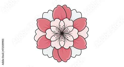 Elegant Japanese-inspired floral illustration showcasing a delicate, multi-layered pink and white blossom, symbolizing nature's gentle awakening and serene beauty