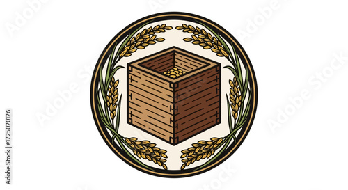 A traditional Japanese emblem featuring a wooden masu box encircled by golden rice stalks, symbolizing agriculture, prosperity, and rich cultural heritage