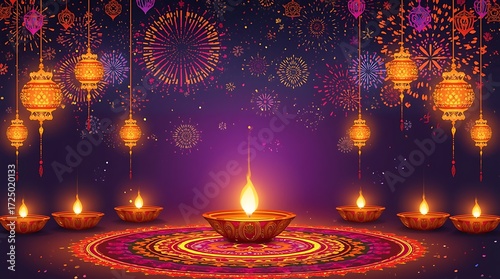 Vibrant diwali festival celebration with floating lanterns and traditional diyas illuminating the night