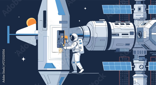 Astronaut Performing Repair Work Outside a Space Station in Zero Gravity