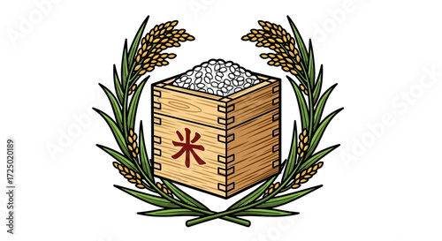 Graphic illustration of a traditional wooden box filled with white rice, framed by golden rice stalks, representing a bountiful harvest, agricultural prosperity, and cultural significance