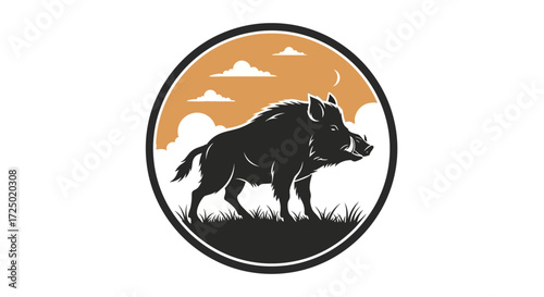 Majestic wild boar illustration within a circular emblem, depicting strength and untamed nature against a stylized sky, perfect for branding