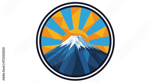 Stylized mountain peak with a radiant sunburst, rendered in a modern geometric illustration style, symbolizing adventure, nature, and new beginnings for captivating branding