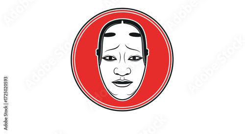 Vibrant graphic illustration of a stylized face, echoing traditional Japanese theater and cultural masks, presented within a bold red circle, symbolizing ancient dramatic artistry
