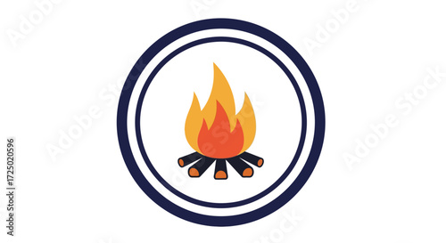 Vector graphic of a stylized campfire with burning logs, enclosed in a modern double-ring circular icon, symbolizing warmth, outdoor adventures, and camping activities