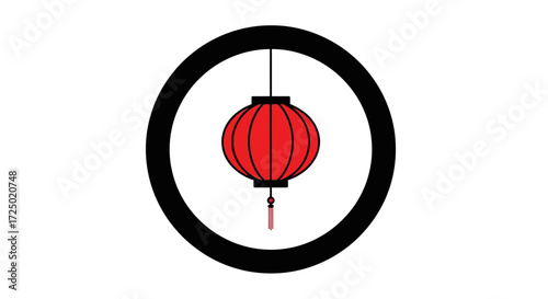 Vibrant red Asian lantern, a traditional symbol of festivity and good fortune, elegantly framed within a bold black circle. Ideal for cultural celebrations and holiday design