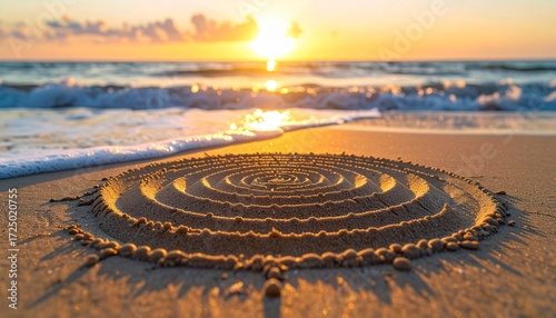 Earthy sand mandala drawn on beach with fine grains forming swirling labyrinth paths and dotted accents, waves lapping nearby under golden sunset, captured in lifelike detail resembling HD camera imag