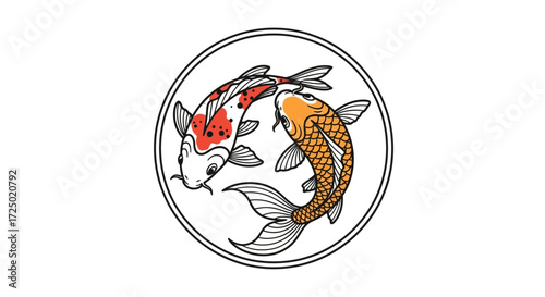 Harmonious Japanese Koi Fish Illustration Two stylized, intertwined fish in a circular design, embodying prosperity, balance, and perseverance in cultural art