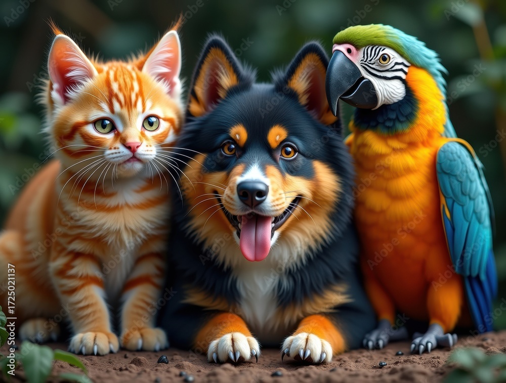 Obraz premium Close Up of Adorable Kitten Dog and Parrot Friends Together