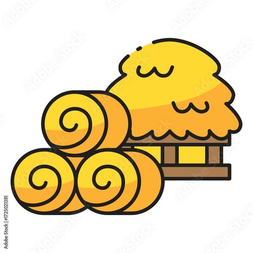 Three hay bales and a haystack on a wooden structure