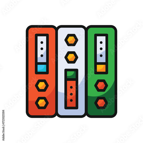 Three colorful file binders with decorative elements