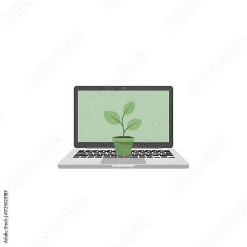 Green sprout growing on laptop screen icon, eco technology concept, digital growth, sustainability icon set