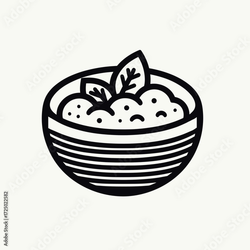Bowl of creamy mashed potatoes with fresh herbs on white background  