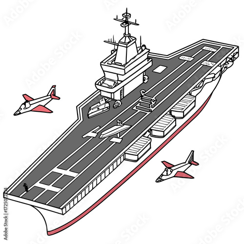Illustration of an aircraft carrier, a floating military base with fighter jets, representing naval power and strategic projection capabilities