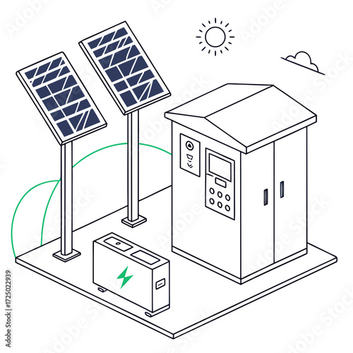 Illustration of a solar panel system with a sun, cloud, battery, and control panel clean energy concept for sustainable living and renewable resources
