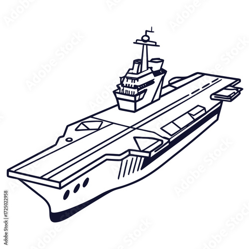 Illustration of an aircraft carrier, a warship designed for deploying and recovering aircraft at sea, projecting naval power globally with its strategic capabilities